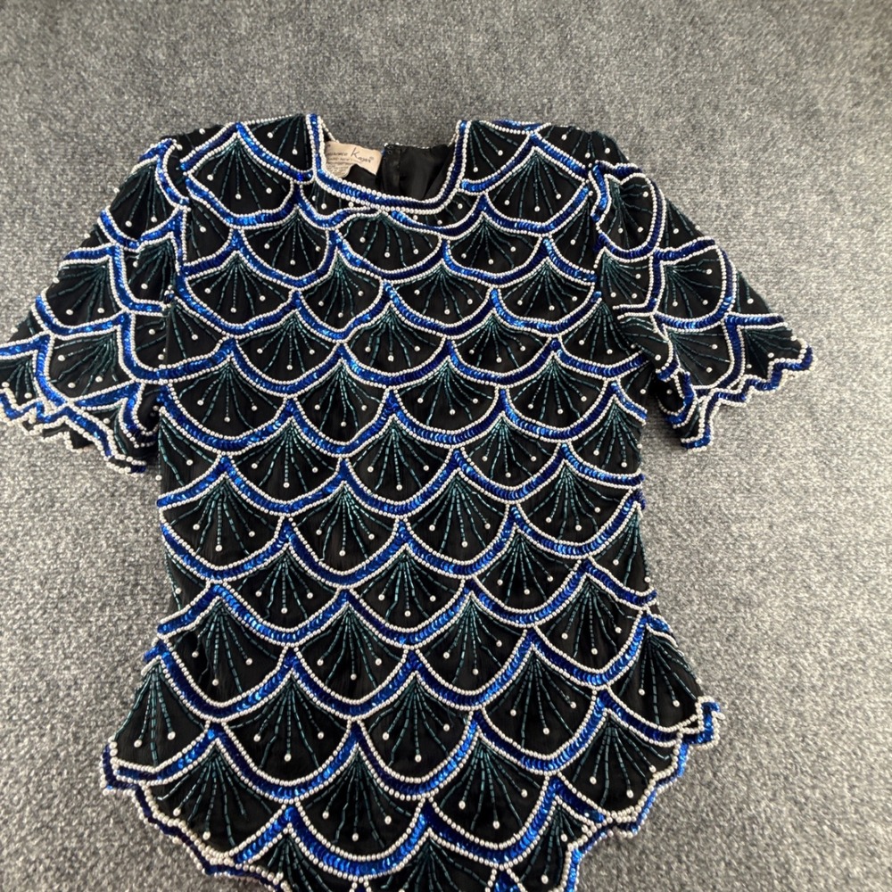 Laurence Kazar Vintage Beaded Silk Blouse Blue Scallop Sequin Pearl Top Small